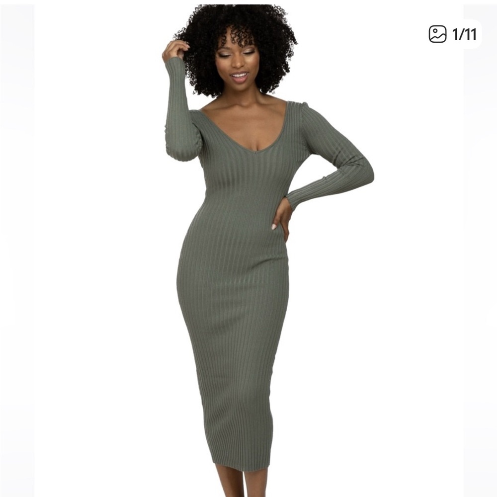 Elegant Olive Green Ribbed Knit Dress